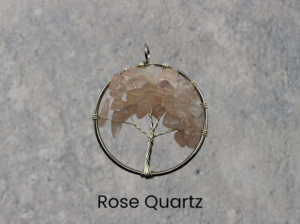 Rose Quartz Tree of Life Silver Necklace Gemstone Pendant Fairycore Boho